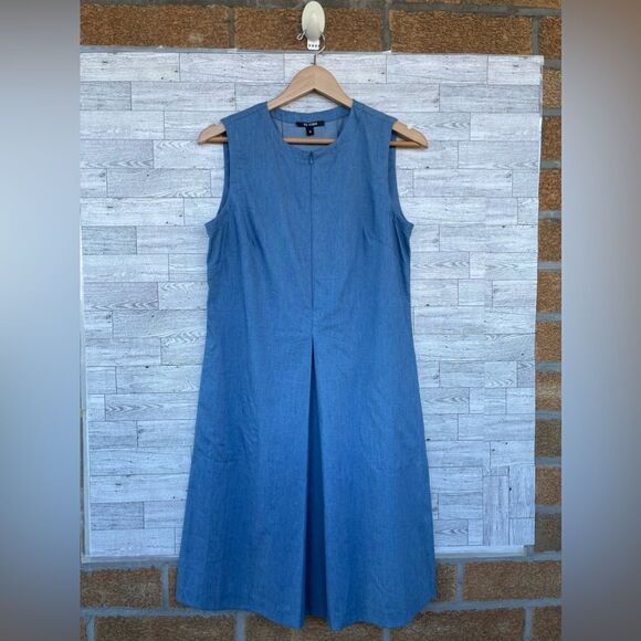 Kal Rieman sleeveless single pleat slub cotton weave chambray dress small - Picture 1 of 8